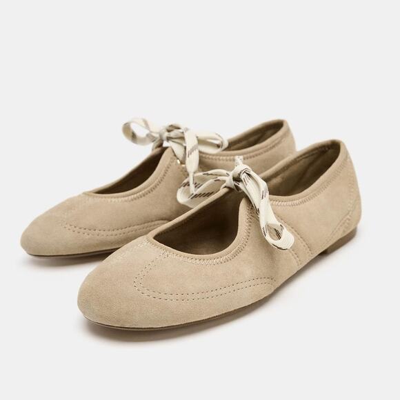 Zara Shoes - ZARA Split Leather Lace-Up Ballet Flats Women’s Size 9